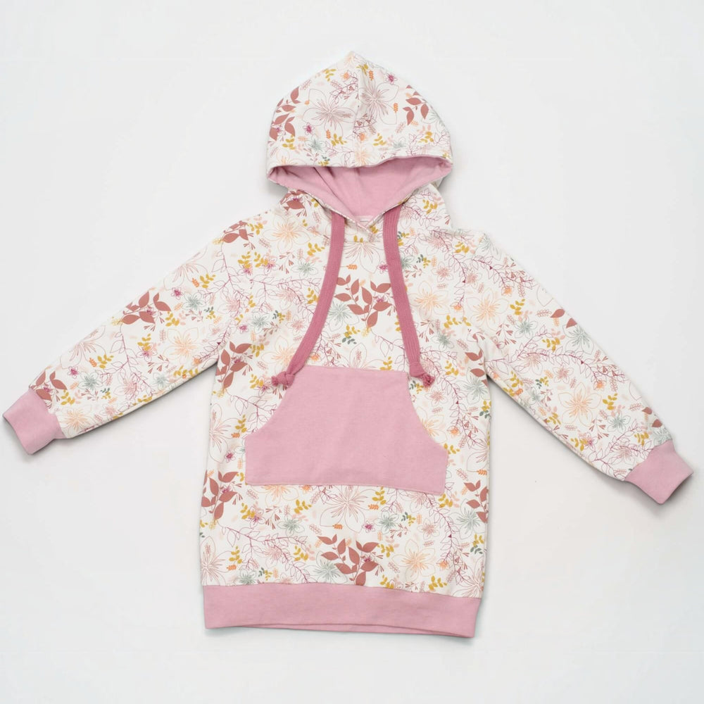Kinder Hoodie PDF Schnittmuster ARWEN – Tunika mit Kapuze & Kragen 80/86–140/146 in floralem Design.