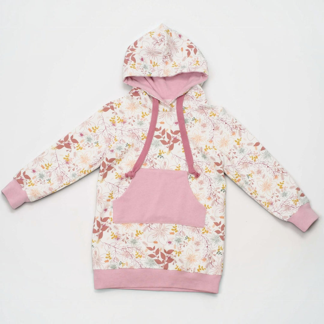 Kinder Hoodie PDF Schnittmuster ARWEN – Tunika mit Kapuze & Kragen 80/86–140/146 in floralem Design.
