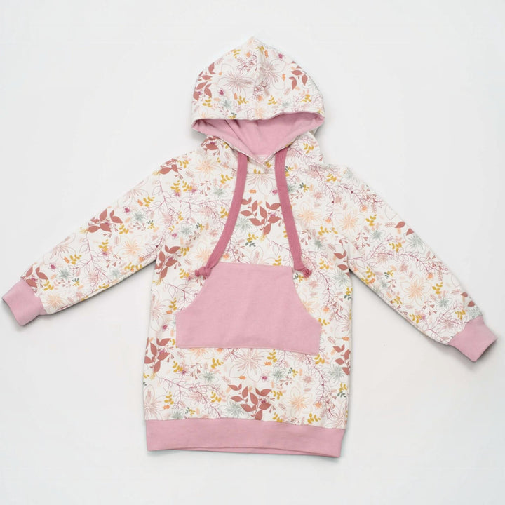 Kinder Hoodie PDF Schnittmuster ARWEN – Tunika mit Kapuze & Kragen 80/86–140/146 in floralem Design.