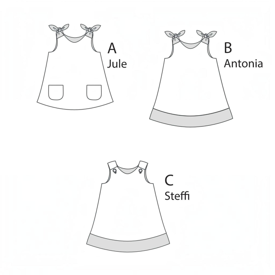 Tunika Kleid pdf Schnittmuster JULE ANTONIA STEFFI – 3-in-1 74/80–146/152 verschiedene Kleiderdesigns A, B und C