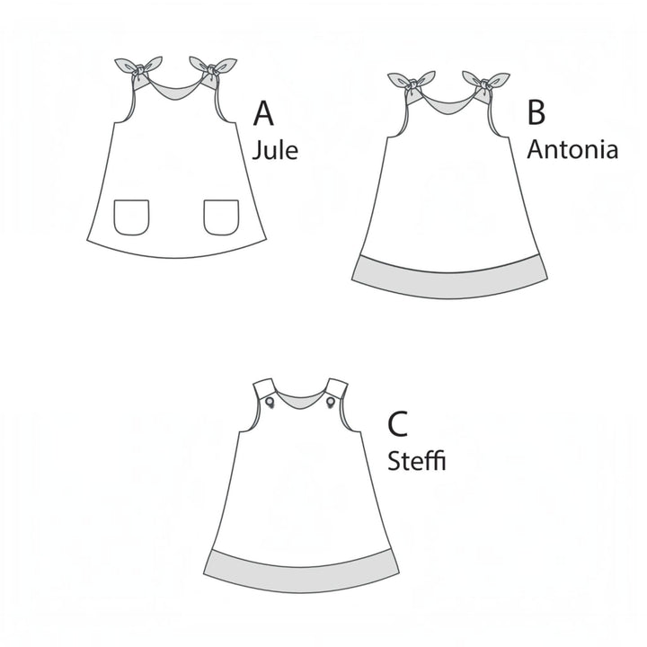 Tunika Kleid pdf Schnittmuster JULE ANTONIA STEFFI – 3-in-1 74/80–146/152 verschiedene Kleiderdesigns A, B und C