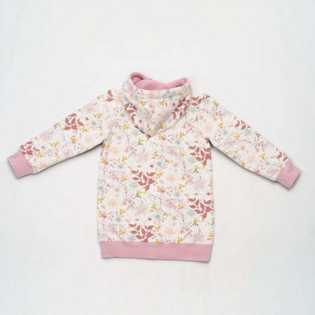 Kinder Hoodie PDF Schnittmuster ARWEN – Tunika mit Kapuze & Kragen 80/86–140/146, blumiger Hoodie mit Kapuze