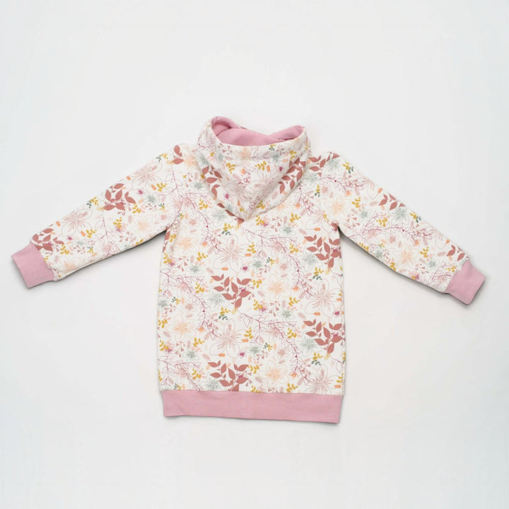 Kinder Hoodie PDF Schnittmuster ARWEN – Tunika mit Kapuze & Kragen 80/86–140/146, blumiger Hoodie mit Kapuze