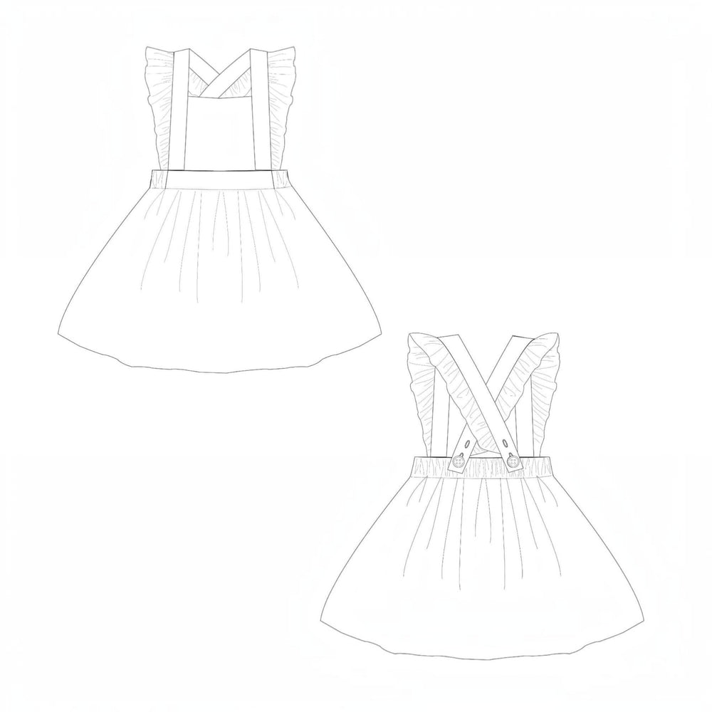 Latzkleid PDF Schnittmuster LIVIA – Rüschenkleid mit Trägern 68/74–116/122, Schnittmuster für ein Trägerkleid.
