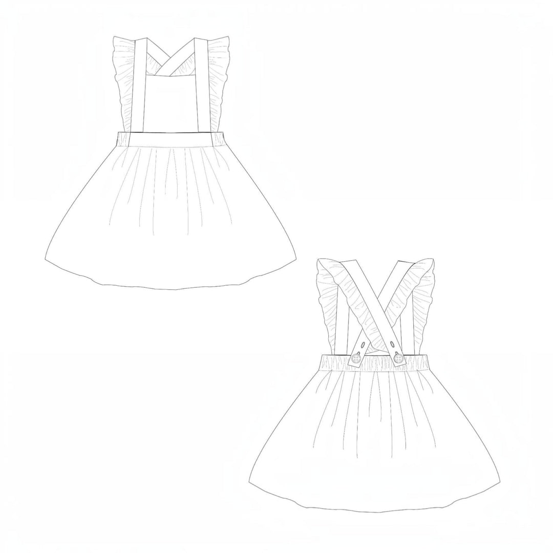Latzkleid PDF Schnittmuster LIVIA – Rüschenkleid mit Trägern 68/74–116/122, Schnittmuster für ein Trägerkleid.