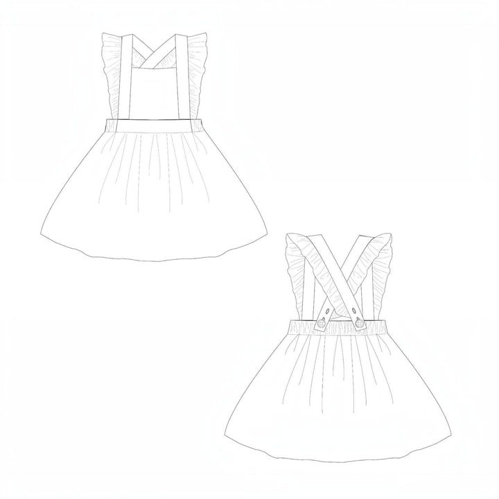 Latzkleid PDF Schnittmuster LIVIA – Rüschenkleid mit Trägern 68/74–116/122, Schnittmuster für ein Trägerkleid.