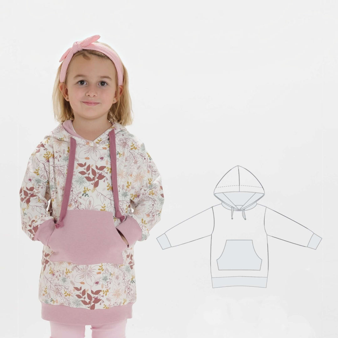 Kinder Hoodie PDF Schnittmuster ARWEN – Tunika mit Kapuze & Kragen 80/86–140/146, Mädchen in floralem Kapuzenhoodie.