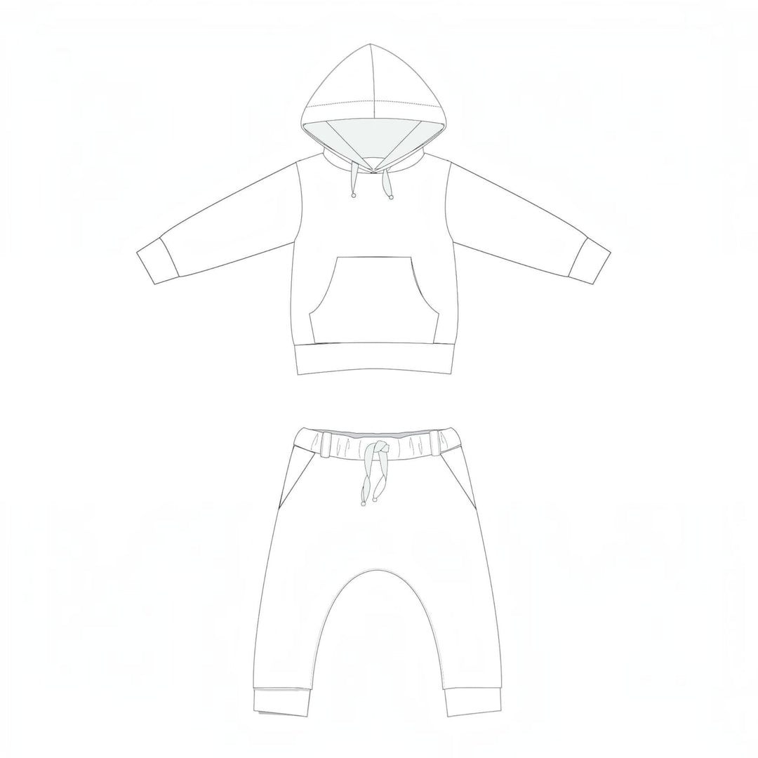 Hoodie Schnittmuster FLY DADO – Kinder Set 80/86–140/146, Hose ab 92/98: Zeichnung von Hoodie und Hose.