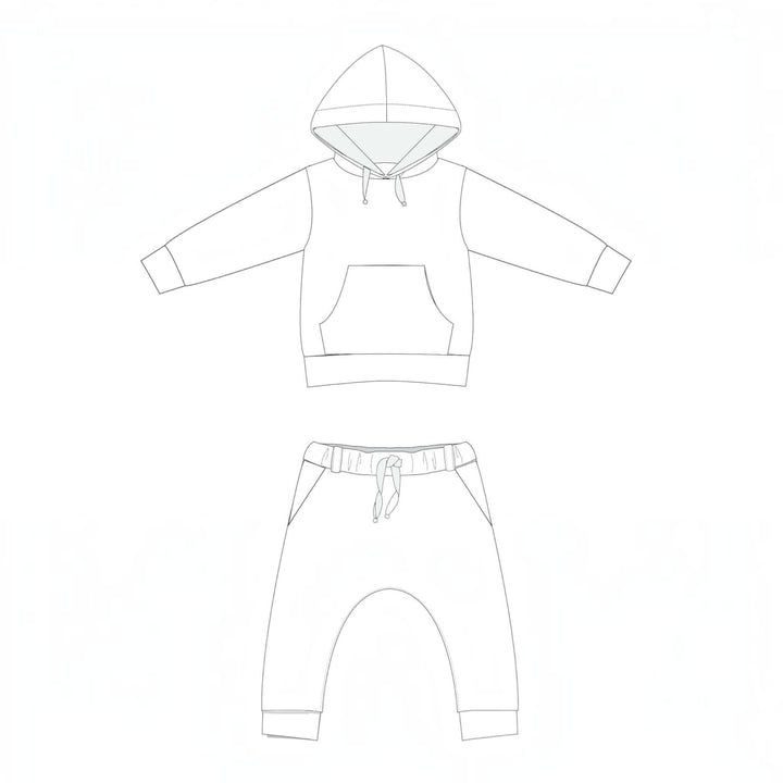 Hoodie Schnittmuster FLY DADO – Kinder Set 80/86–140/146, Hose ab 92/98: Zeichnung von Hoodie und Hose.