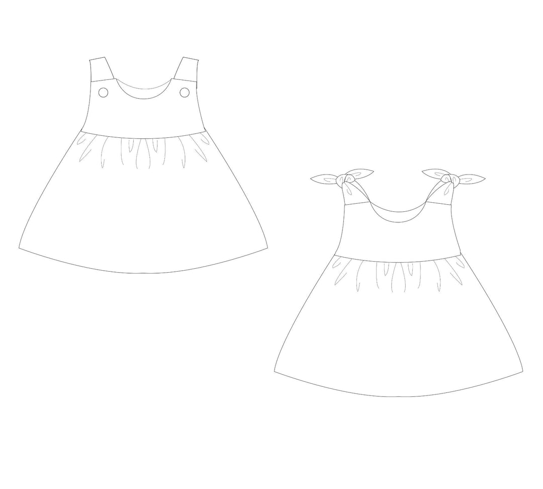 Schnittmuster Baby Twinset Babykleid Hängerchen und Pumphose CLARA EMI - Skizze des Baby Kleid Designs.