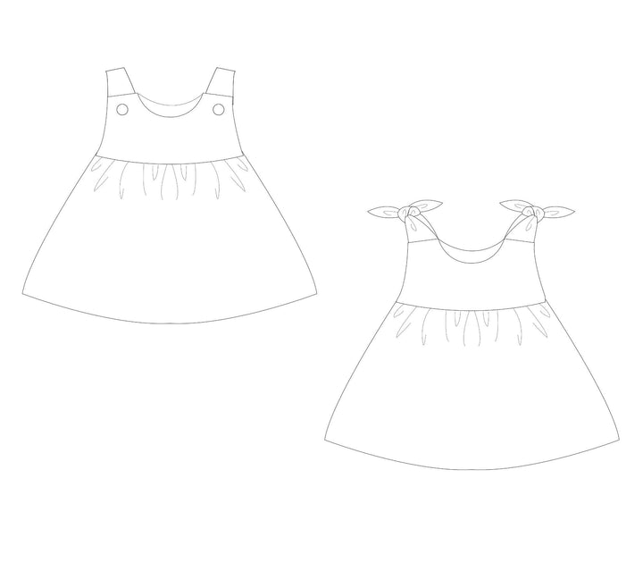 Schnittmuster Baby Twinset Babykleid Hängerchen und Pumphose CLARA EMI - Skizze des Baby Kleid Designs.