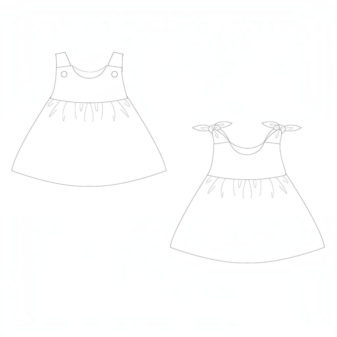 Baby Set PDF Schnittmuster BABY TWINSET – Trägerkleider & Pumphose 50/56–98/104: Skizze eines Baby Trägerkleides.