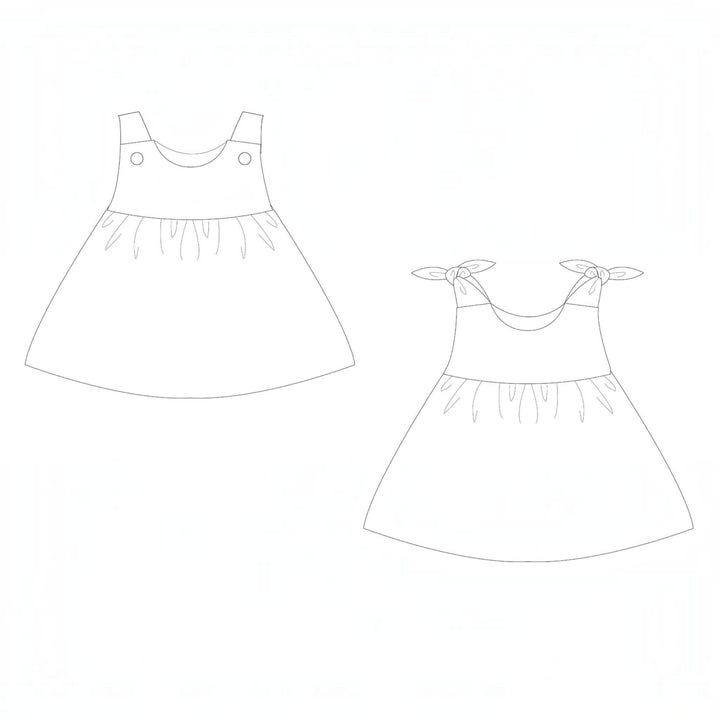 Baby Set PDF Schnittmuster BABY TWINSET – Trägerkleider & Pumphose 50/56–98/104: Skizze eines Baby Trägerkleides.