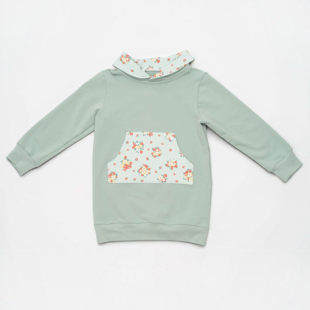 Kinder Hoodie PDF Schnittmuster ARWEN – Tunika mit Kapuze & Kragen 80/86–140/146 in mintgrün mit floralem Kängurutaschen-Design.