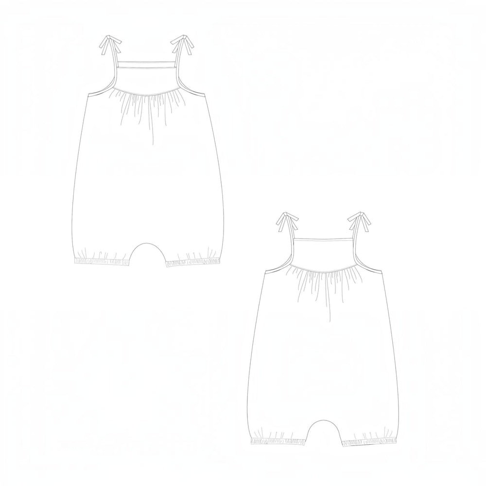 Schnittmuster Baby Mädchen Jumpsuit NELE PDF - Design mit schmalen Trägern und Schleifen für Baby Overalls.