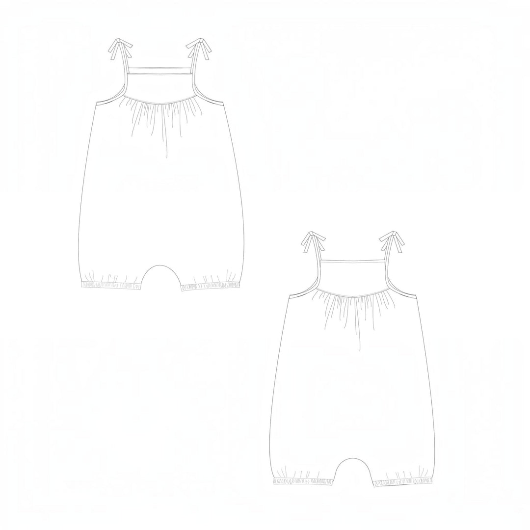 Schnittmuster Baby Mädchen Jumpsuit NELE PDF - Design mit schmalen Trägern und Schleifen für Baby Overalls.