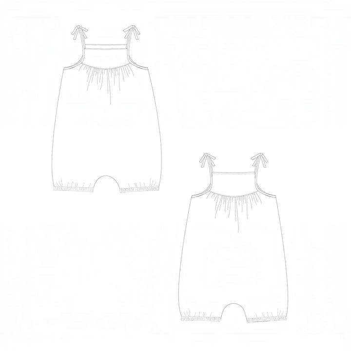 Schnittmuster Baby Mädchen Jumpsuit NELE PDF - Design mit schmalen Trägern und Schleifen für Baby Overalls.