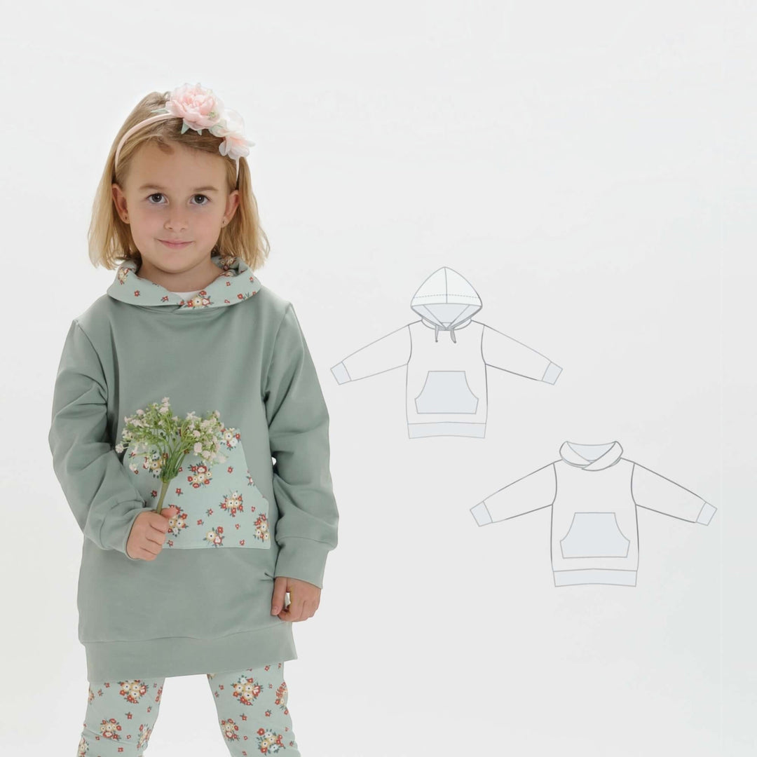 Kinder Hoodie PDF Schnittmuster ARWEN – Tunika mit Kapuze & Kragen 80/86–140/146, Mädchen mit Blumen im Hoodie.