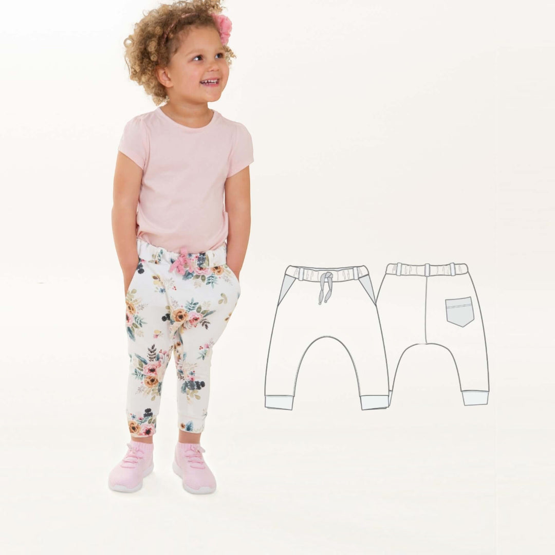 Hoodie Schnittmuster FLY DADO – Kinder Set 80/86–140/146, Hose ab 92/98, bequeme Kinderhose mit floralem Muster.
