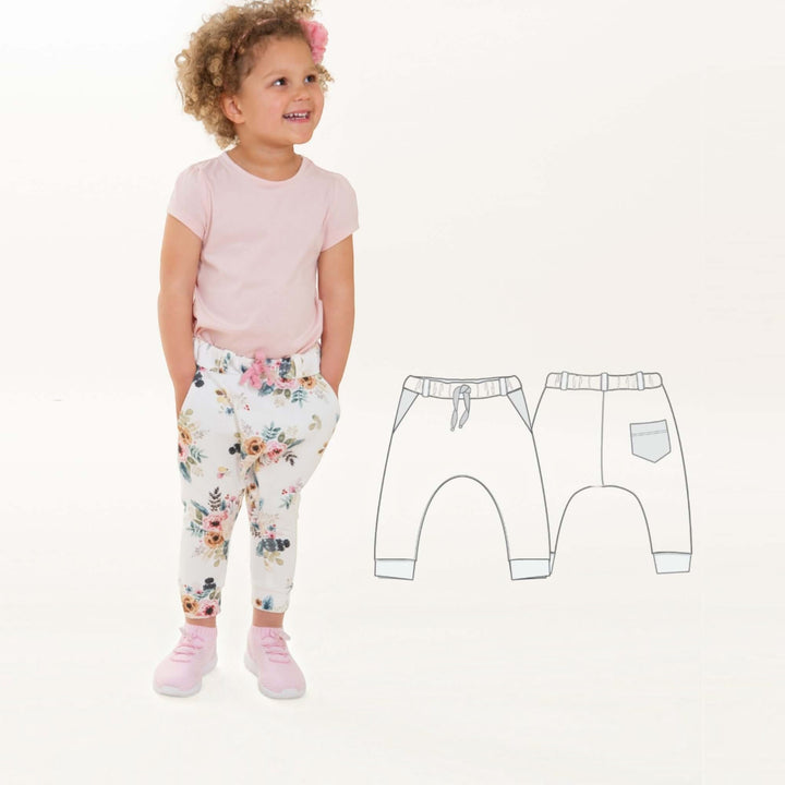 Hoodie Schnittmuster FLY DADO – Kinder Set 80/86–140/146, Hose ab 92/98, bequeme Kinderhose mit floralem Muster.