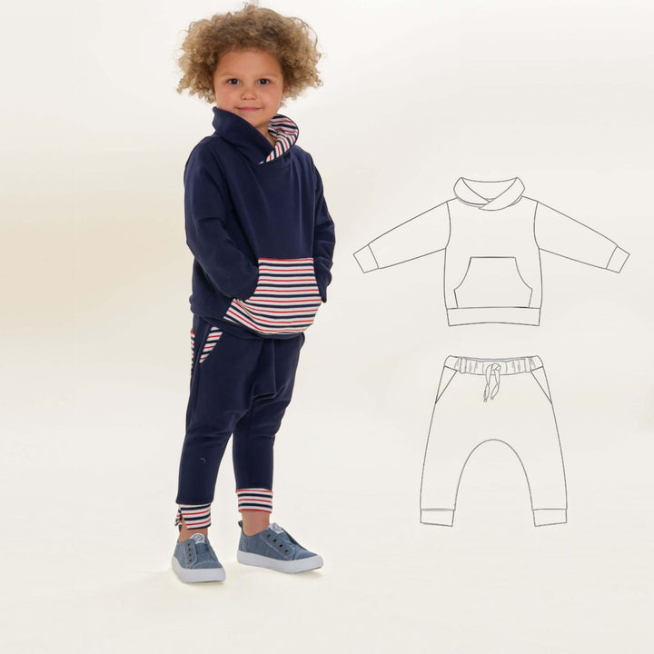 Hoodie Schnittmuster FLY DADO – Kinder Set 80/86–140/146, Hose ab 92/98, gemusterte Kinder-Outfit mit Hoodie und Jogginghose.