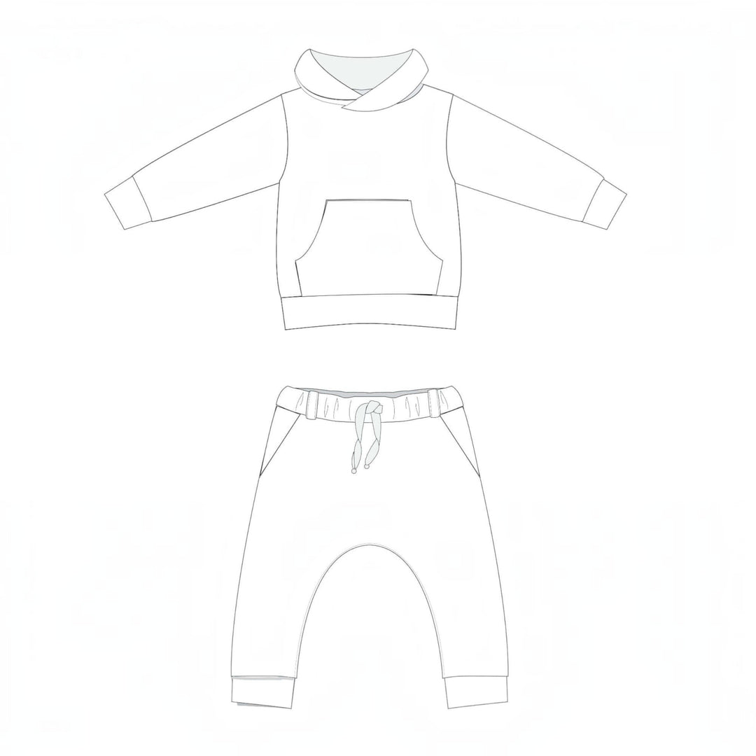 Hoodie Schnittmuster FLY DADO – Kinder Set 80/86–140/146, Hose ab 92/98, Zeichnung des Outfits.