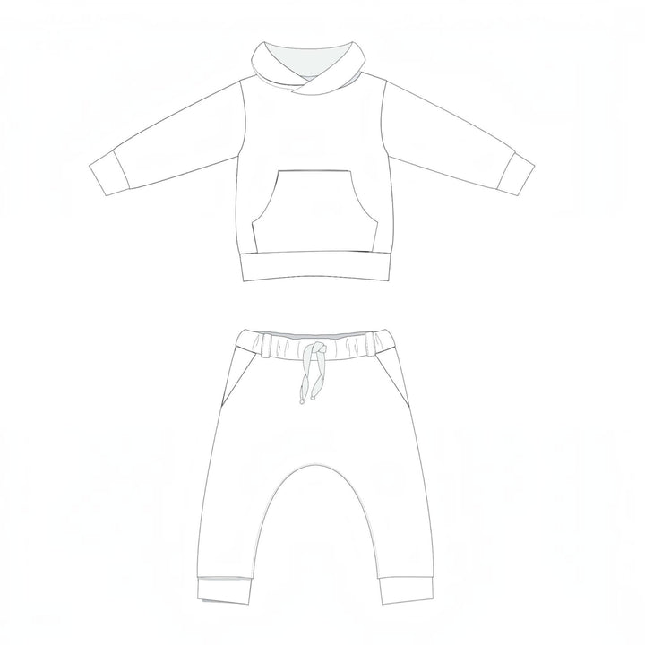 Hoodie Schnittmuster FLY DADO – Kinder Set 80/86–140/146, Hose ab 92/98, Zeichnung des Outfits.