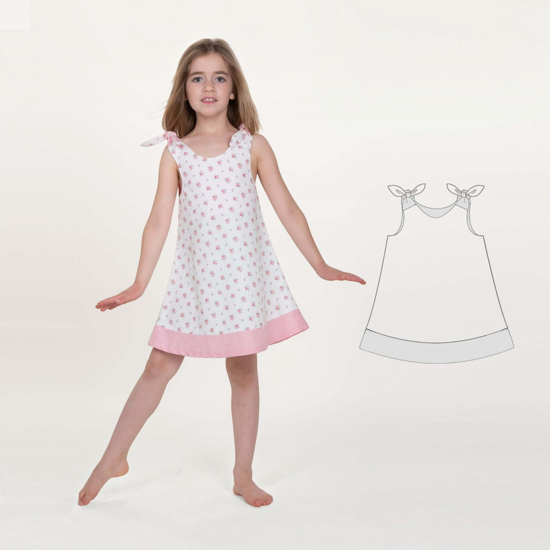 Trägerkleid PDF Schnittmuster ANTONIA – 3-in-1 Mädchenkleid 74/80–146/152 für Babys und Mädchen in floralem Design.