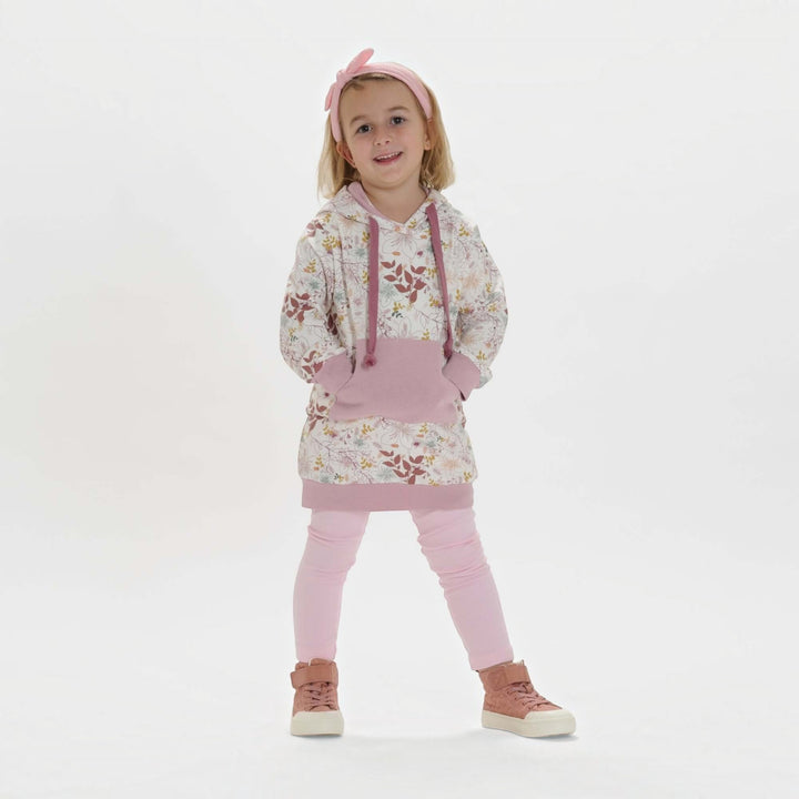 Kinder Hoodie PDF Schnittmuster ARWEN – Tunika mit Kapuze & Kragen 80/86–140/146 in rosa mit floralem Design