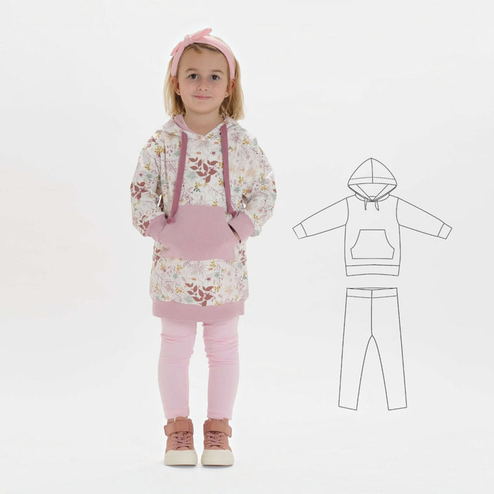 Kinder Hoodie PDF Schnittmuster ARWEN – Tunika mit Kapuze & Kragen 80/86–140/146 Hoodie für Kinder in floralen Design