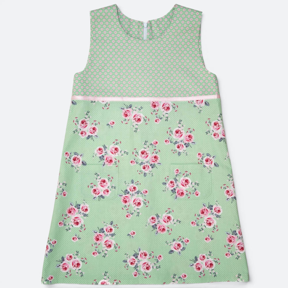 Mädchenkleid PDF Schnittmuster GEMMA – A-Linie mit Reißverschluss 92/98–152/158 grün mit Rosenmuster