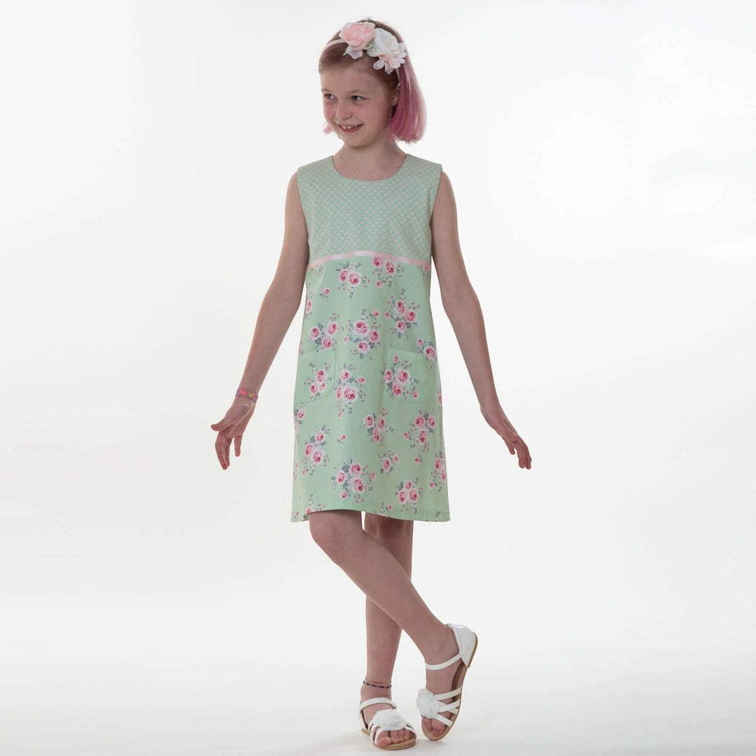 Mädchenkleid PDF Schnittmuster GEMMA – A-Linie mit Reißverschluss 92/98–152/158, ärmelloses Sommerkleid für Kinder.
