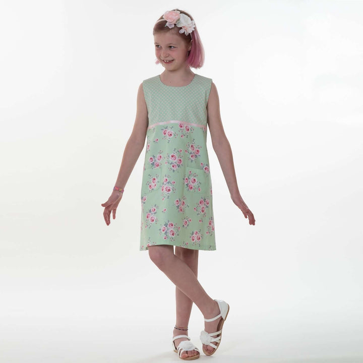 Mädchenkleid PDF Schnittmuster GEMMA – A-Linie mit Reißverschluss 92/98–152/158, ärmelloses Sommerkleid für Kinder.