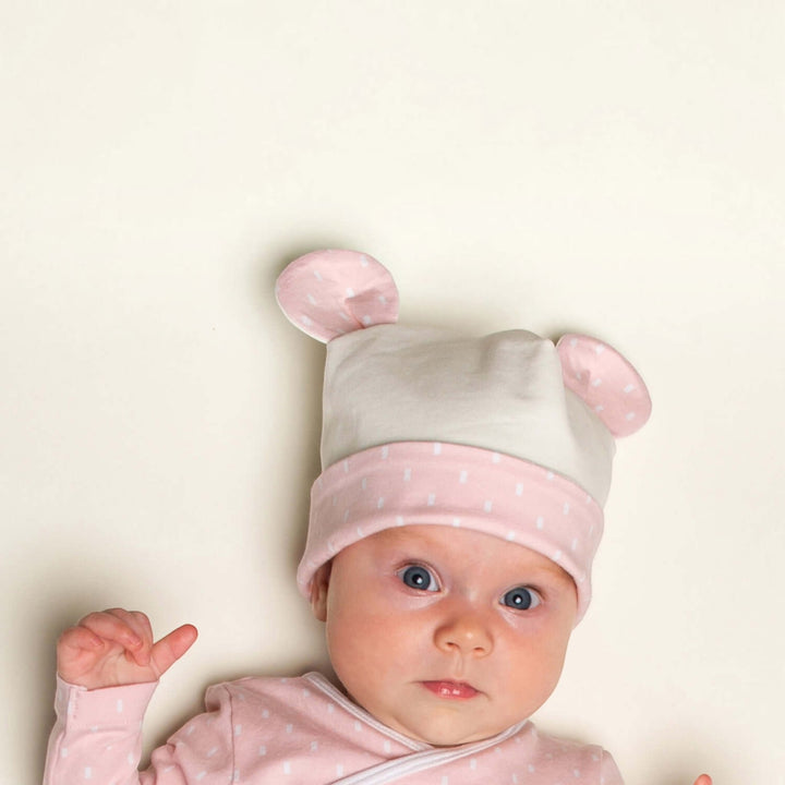 Baby Strampler PDF Schnittmuster DOLCE & Mütze MILA – Set 56/62–92/98, süßes Baby in Mütze mit Ohren.