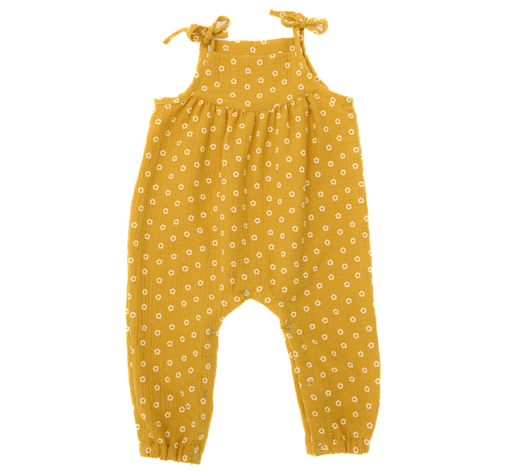 Schnittmuster Baby Overall in Senfgelb mit weißen Punkten für den Sommer, ideal für Kleinkinder.