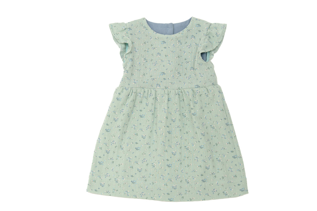 Schnittmuster Mädchenkleid ELLA – Retro Kleid mit Volants in mintgrün mit floralen Mustern.