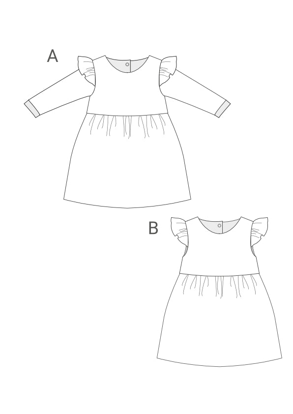 Schnittmuster Mädchenkleid ELLA – Retro Kleid mit Volants, zwei Varianten A und B, ideal für modische, junge Mädchen.