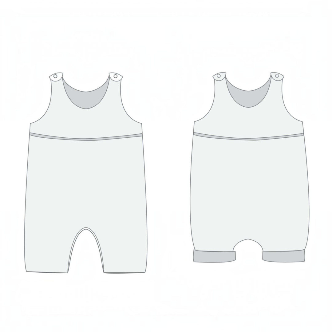 Baby Strampler PDF Schnittmuster DOLCE & Mütze MILA – Set 56/62–92/98, zwei Modelle von Baby-Stramplern in hellem Design.