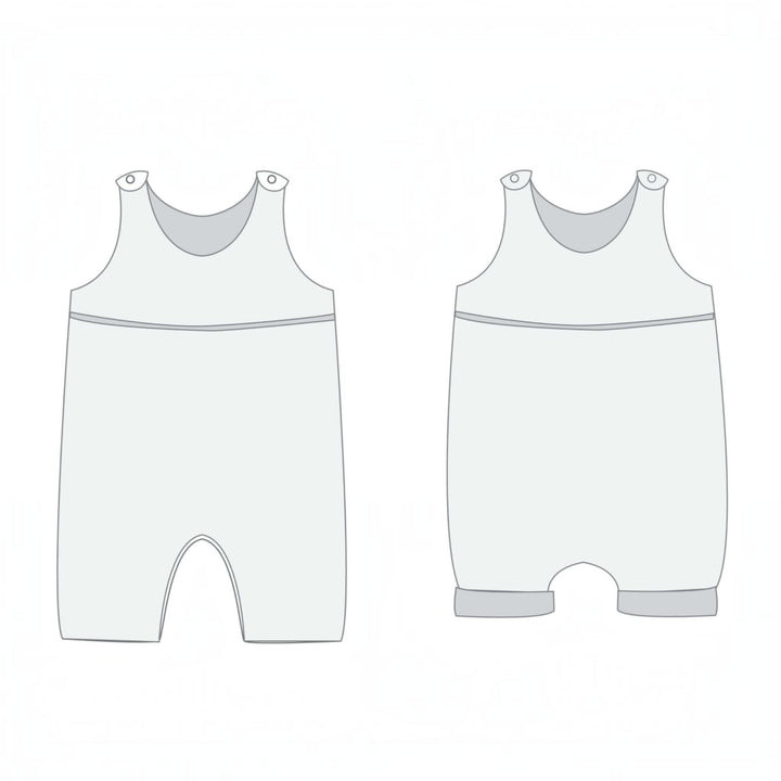 Baby Strampler PDF Schnittmuster DOLCE & Mütze MILA – Set 56/62–92/98, zwei Modelle von Baby-Stramplern in hellem Design.