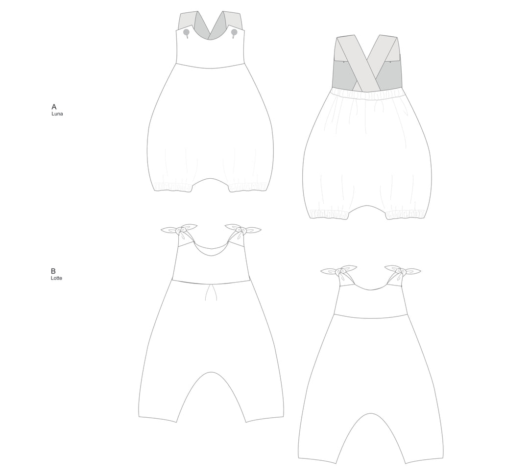 Sewing Pattern Set Romper Overalls LUNA CHARLOTTE PDF Sizes 0m-2y