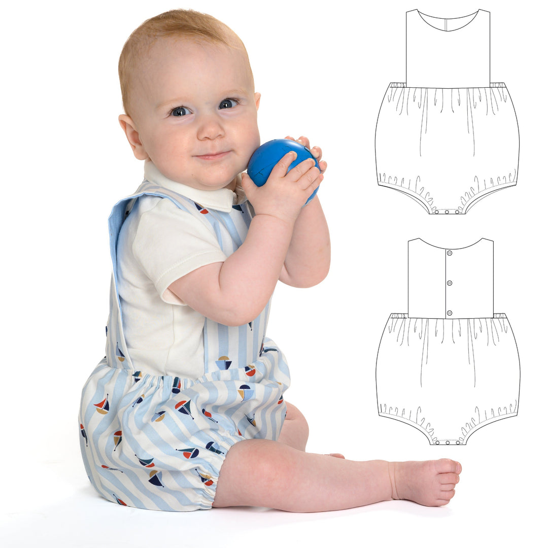 Schnittmuster Baby Latzhose Marco /Kurzoverall  PDF | Sommer-Strampler | Größe 50–92 | Baby in einem gestreiften Overall mit Spielzeug.