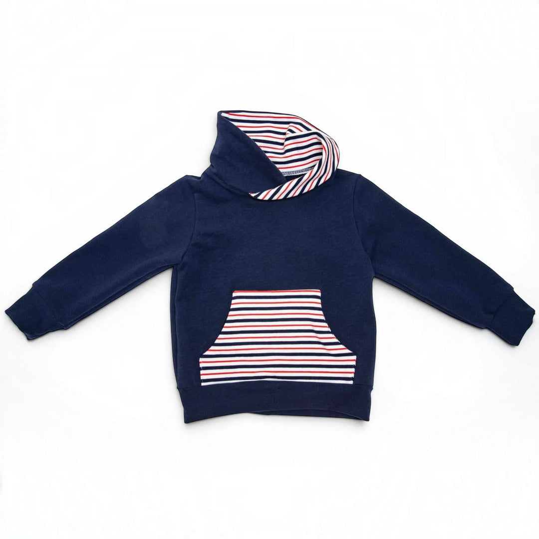 Kinder Hoodie PDF Schnittmuster FLY – 2-in-1 mit Kapuze & Kragen 80/86–140/146 navy hoodie with striped hood and pocket