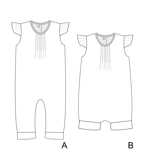 Schnittmuster Mädchenkleid MIA – Baby und Kleinkind Sommer-Jumpsuit mit Volant-Ärmeln und Falten.