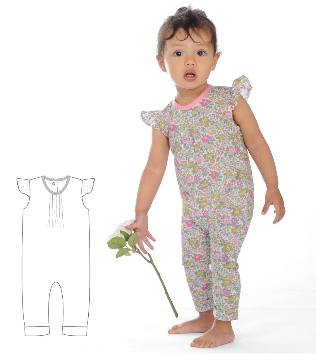 Schnittmuster Mädchenkleid MIA – Baby-Kleinkind Jumpsuit mit floralem Design und Volant-Ärmeln.