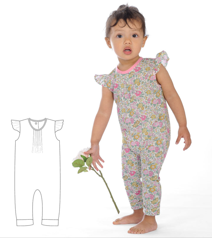 Schnittmuster Mädchenkleid MIA – Baby-Kleinkind Jumpsuit mit floralem Design und Volant-Ärmeln.