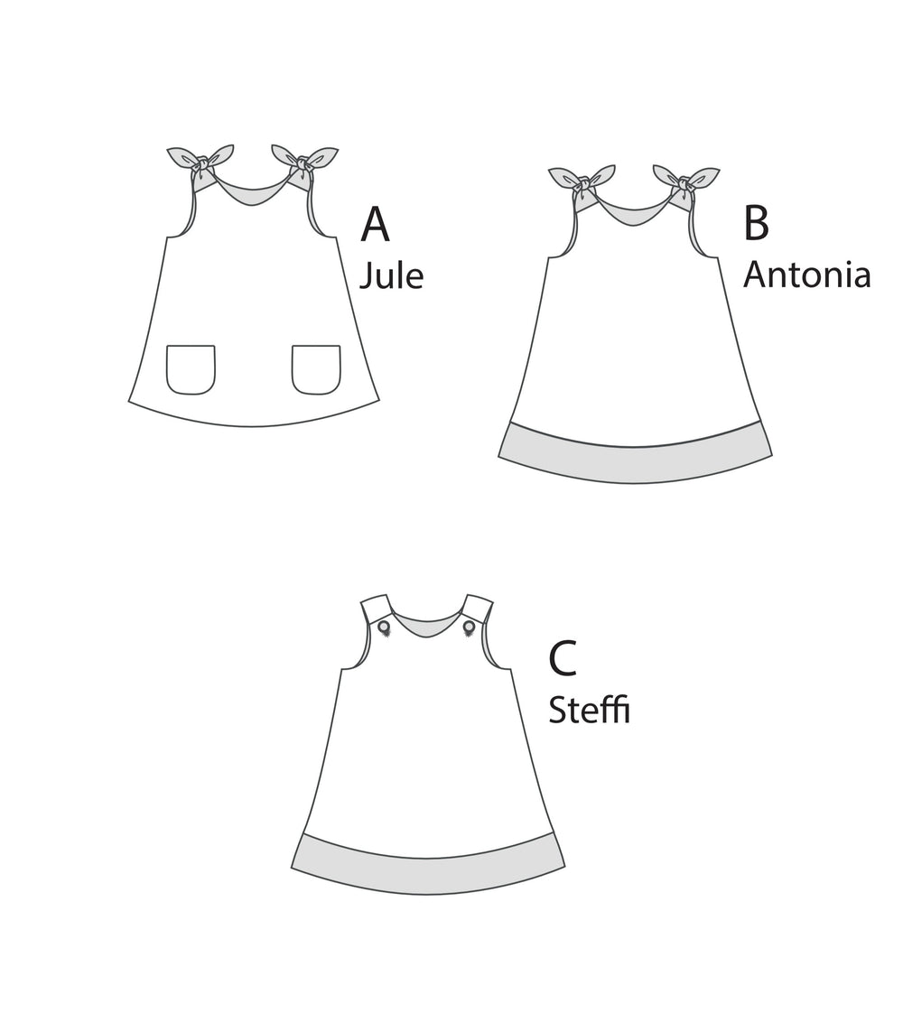Schnittmuster Pinafore-Kleid für Mädchen JULE – Varianten A, B und C mit Details und Designs