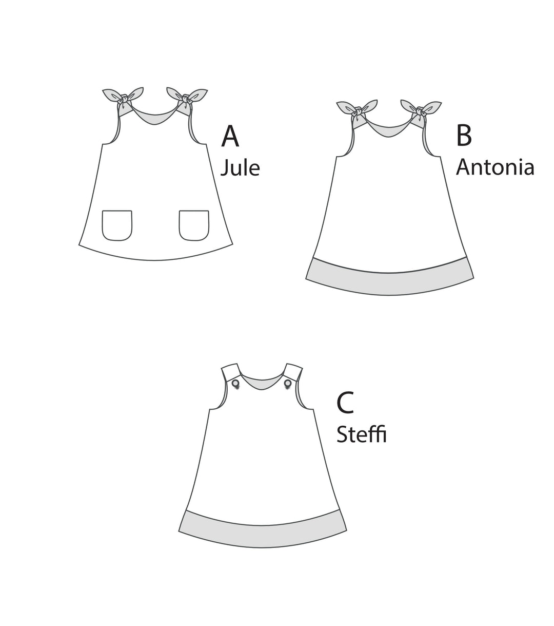 Sewing pattern sets girls' dress/romper Ebook pdf, ANTONIA, JULE and STEFFI from Patternforkids
