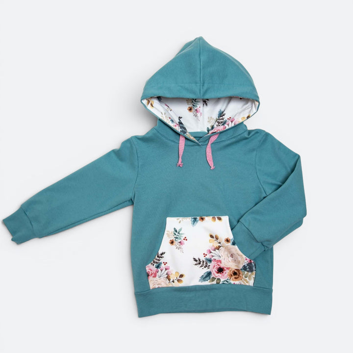 Kinder Hoodie PDF Schnittmuster FLY – 2-in-1 mit Kapuze & Kragen 80/86–140/146 in blaugrün mit Blumenmuster