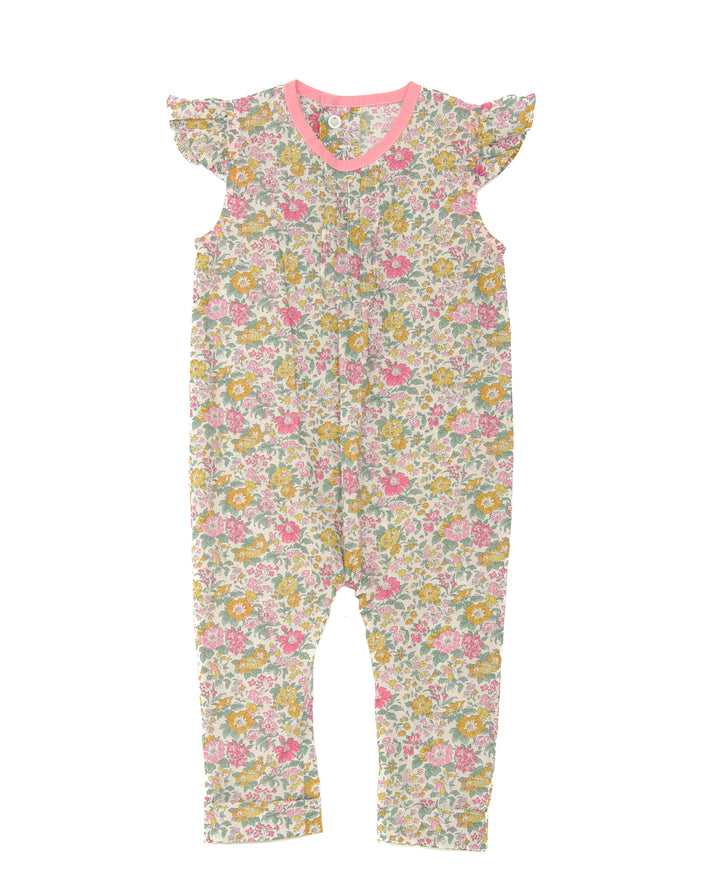 Schnittmuster Mädchenkleid MIA – Sommer-Jumpsuit für kleine Mädchen mit buntem Blumenmuster und Volant-Ärmeln.