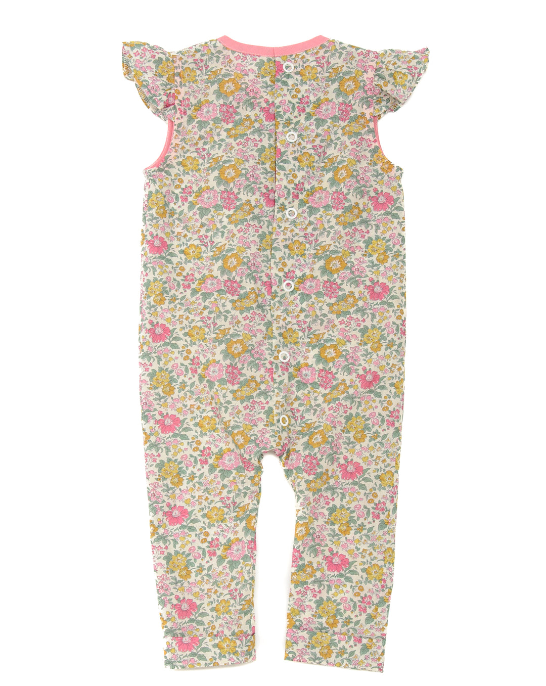 Schnittmuster Mädchenkleid MIA – Rückansicht des Baby-Jumpsuits mit floralem Muster und Volant-Ärmeln.